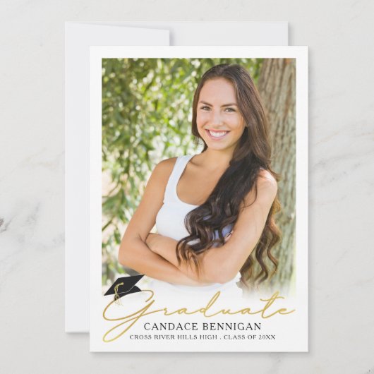 Modern script 5 Photo Metallic Gold Afstuderen Aankondiging (Voorkant)