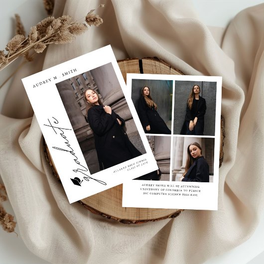 Modern Script 5 Photos Graduation Announcement Kaart
