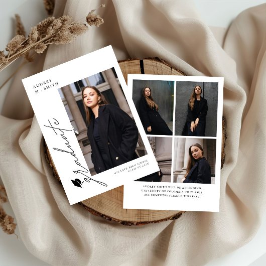 Modern Script 5 Photos Graduation Announcement Kaart