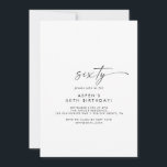 Modern Script 60th Birthday Party Invitation Kaart<br><div class="desc">Deze moderne scriptversie 60e verjaardagsfeestuitnodiging is perfect voor een minimalistische verjaardagsfeestje. Het eenvoudige zwarte en witte ontwerp is voorzien van een unieke industriële lettertypografie met een moderne boho-stijl. in elke kleur. Houd het ontwerp minimaal en elegant, zoals het is, of personaliseer het door uw eigen grafiek en kunstwerk toe te...</div>