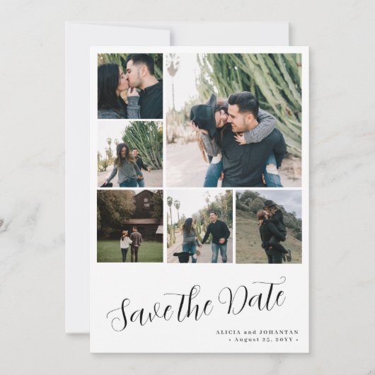 Modern script 6 fotocollage eenvoudige bruiloft save the date (Voorkant)