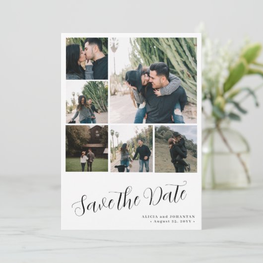 Modern script 6 fotocollage eenvoudige bruiloft save the date (Staand voorkant)