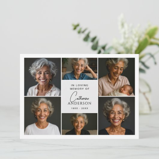 Modern Script 7-foto collage begrafenis / gedenkte Bedankkaart (Staand voorkant)