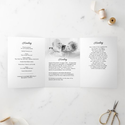 Modern Script 8-foto begrafenis / gedenkteken Drieluik Programma (Binnen)