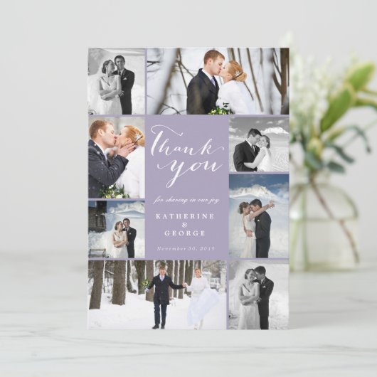 Modern Script 8 Multi Photo Stijlvolle Paarse brui Bedankkaart (Staand voorkant)