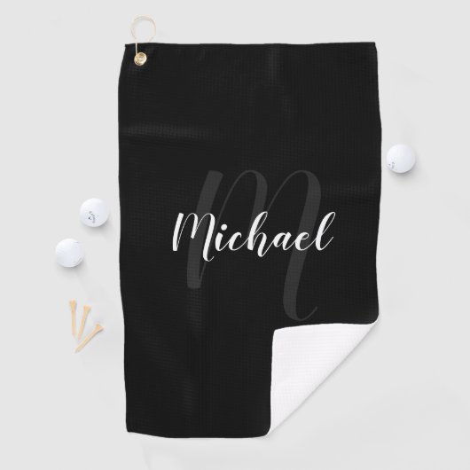 Modern script, aangepast monogram en naam zwart golfhanddoek (Insitu)