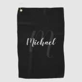 Modern script, aangepast monogram en naam zwart golfhanddoek (Voorkant)
