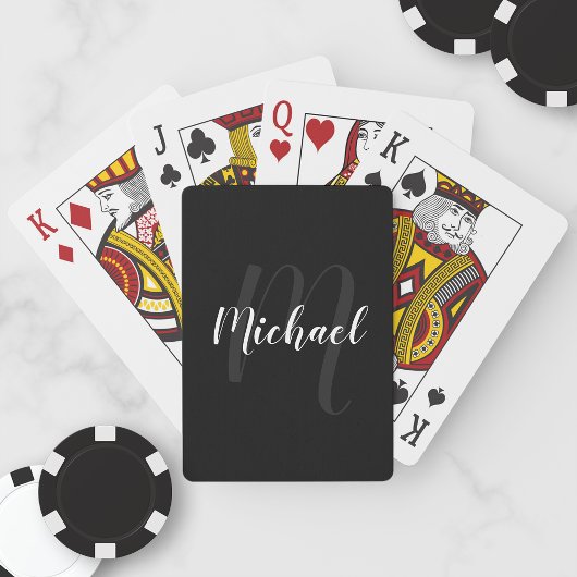 Modern script, aangepast monogram en naam zwart pokerkaarten
