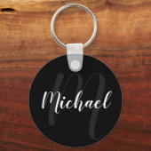 Modern script, aangepast monogram en naam zwart sleutelhanger (Voorkant)