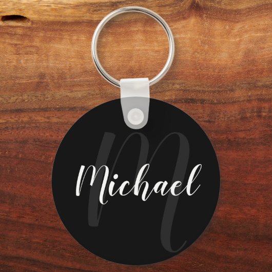 Modern script, aangepast monogram en naam zwart sleutelhanger (Voorkant)