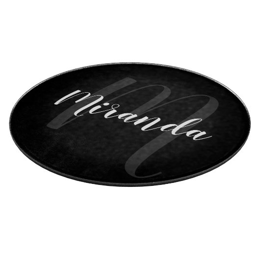 Modern script, aangepast monogram en naam zwart snijplank (Hoek)