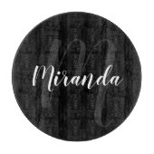 Modern script, aangepast monogram en naam zwart snijplank (Voorkant)