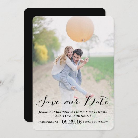 Modern script | Aangepaste foto bespaart onze datu Save The Date (Voorkant / Achterkant)