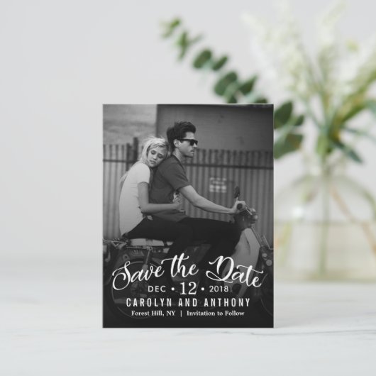 Modern script | Aangepaste foto slaat de datum op Aankondigingskaart (Staand voorkant)