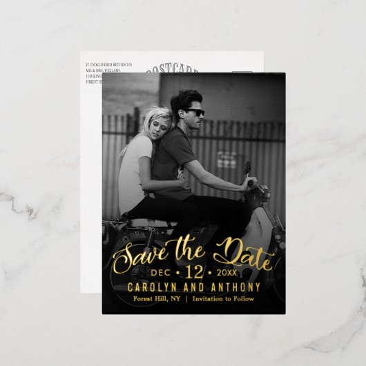 Modern script | Aangepaste foto slaat de datum op Folie Uitnodiging Briefkaart (Voorkant / Achterkant)