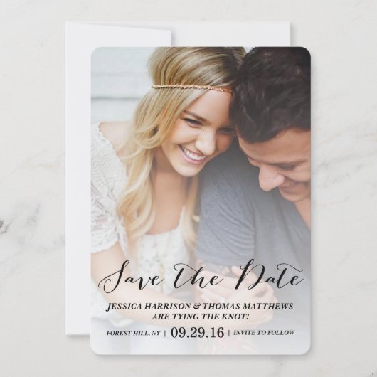 Modern script | Aangepaste foto slaat de datum op Save The Date (Voorkant)