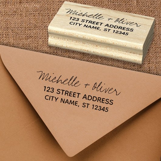 Modern Script Aangepaste Namen Trouwpaar Adres Rubberstempel