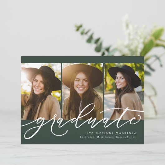 Modern script afstuderen 3 foto groen afstuderen aankondiging (Staand voorkant)