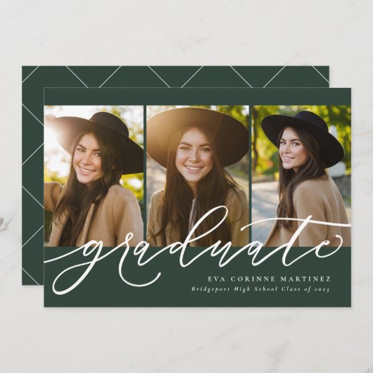 Modern script afstuderen 3 foto groen afstuderen aankondiging (Voorkant / Achterkant)