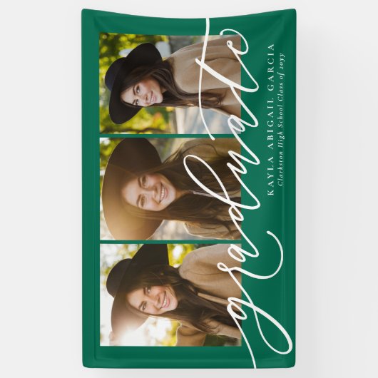Modern script afstuderen 3 foto groen afstuderen spandoek (Verticaal)