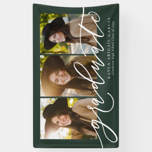 Modern script afstuderen 3 foto groen afstuderen spandoek (Verticaal)