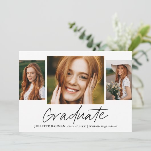 Modern Script Afstuderen eenvoudig 3 foto Afstuder Kaart (Staand voorkant)