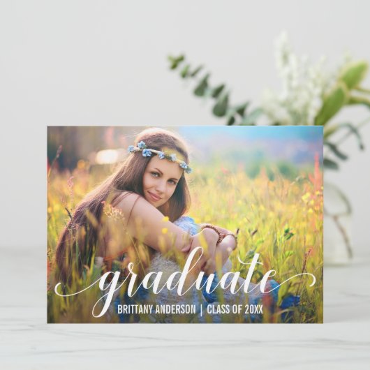 Modern script Afstuderen Foto Aankondiging (Staand voorkant)