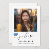 Modern Script Afstuderen Foto Blauw Afstudeerdop Aankondiging (Voorkant / Achterkant)