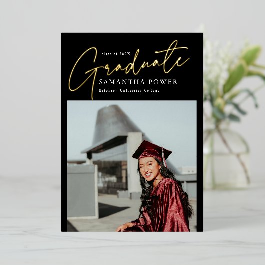 Modern Script Afstuderen foto geometrisch Afstuder Folie Uitnodiging (Staand Voorkant)