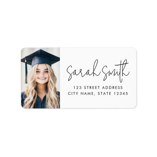 Modern script afstuderen foto retour adres etiket (Voorkant)