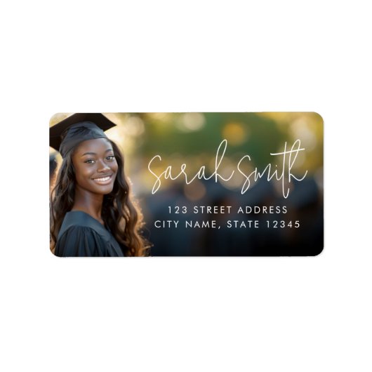 Modern script afstuderen foto retour adres etiket (Voorkant)