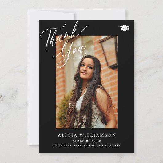 Modern script afstuderen foto zwart afstuderen bedankkaart (Voorkant)