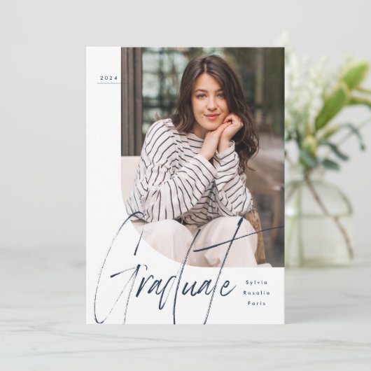 Modern script afstuderen navy één foto afstuderen kaart (Staand voorkant)
