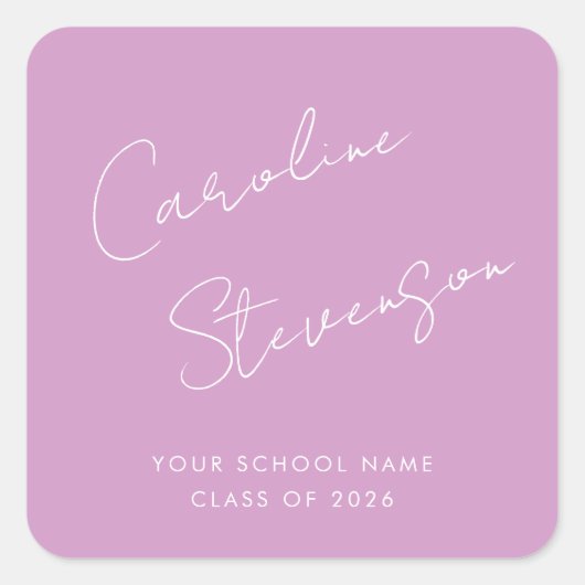 Modern script Afstuderen Paars Vierkante Sticker (Voorkant)