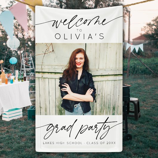 Modern Script Afstuderen Party Foto Welkom Spandoek