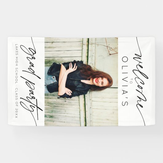 Modern Script Afstuderen Party Foto Welkom Spandoek (Horizontaal)