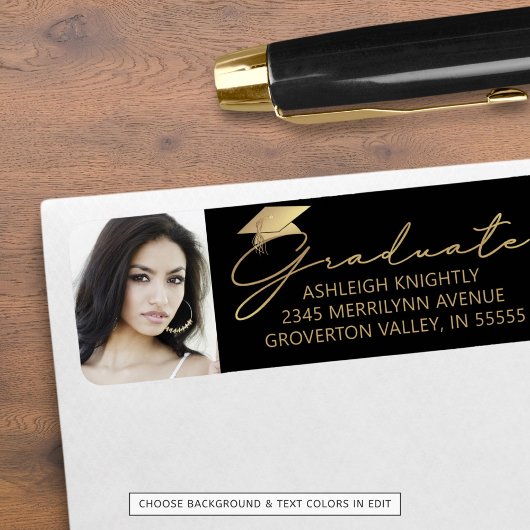 Modern Script Afstuderen Pet Foto Zwart Goud Etiket
