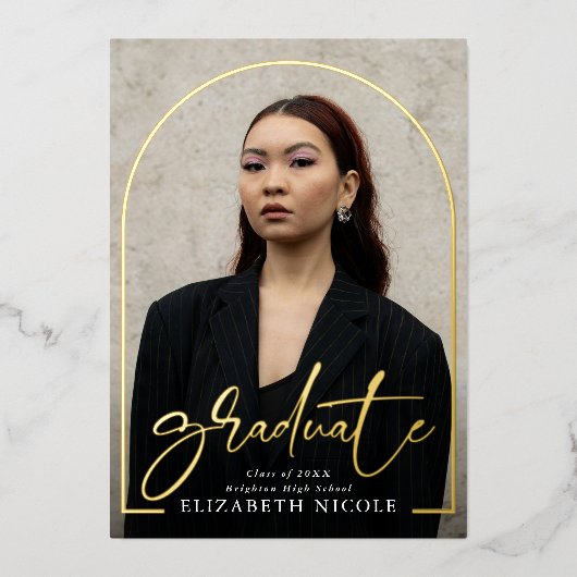 Modern Script Afstuderen Photo Arch-Afstuderen Folie Uitnodiging (Voorkant)