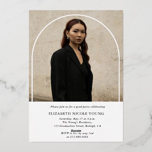 Modern Script Afstuderen Photo Arch-Afstuderen Folie Uitnodiging (Achterkant)