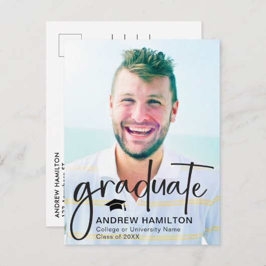 Modern Script Afstuderen twee foto-Afstuderen cool Aankondigingskaart (Voorkant / Achterkant)
