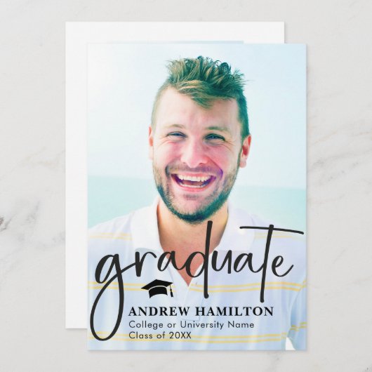 Modern Script Afstuderen twee foto-Afstuderen cool Kaart (Voorkant / Achterkant)