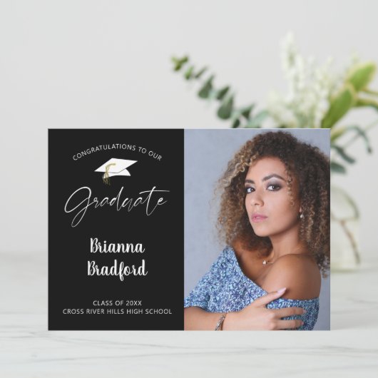 Modern script Afstuderen zwart Aankondiging (Staand voorkant)