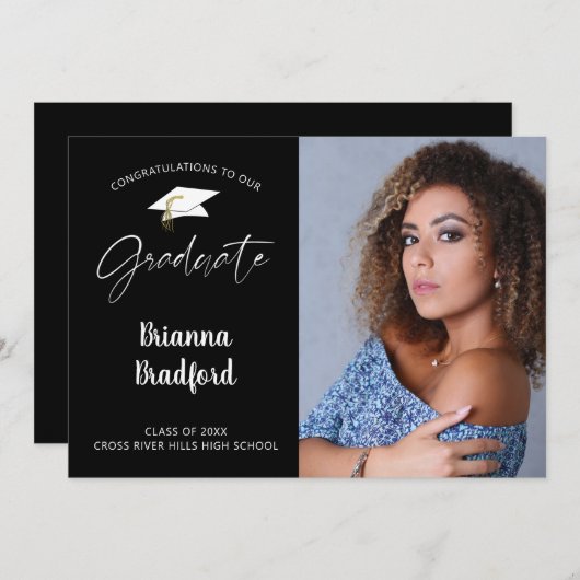 Modern script Afstuderen zwart Aankondiging (Voorkant / Achterkant)