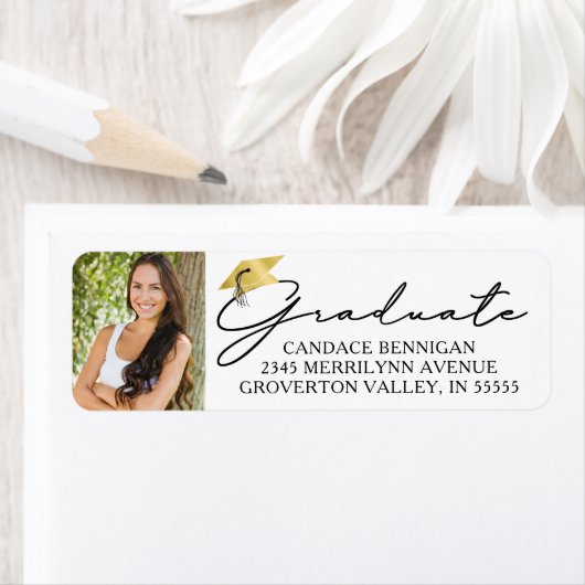 Modern script Afstuderen zwart fotolabel met Pet G Etiket (Insitu)