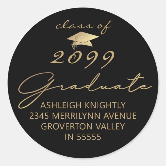 Modern Script Afstuderen zwart goud Ronde Sticker (Voorkant)