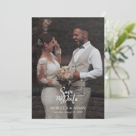 Modern Script All in One Photo Wedding Invitation Kaart (Staand voorkant)