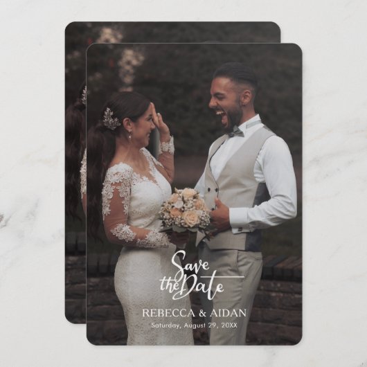 Modern Script All in One Photo Wedding Invitation Kaart (Voorkant / Achterkant)