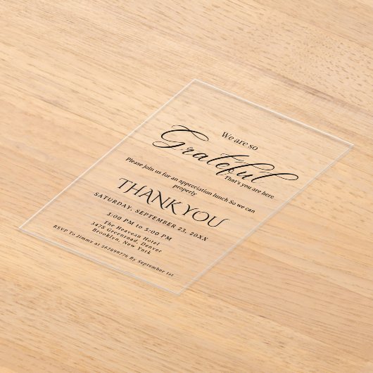 Modern script appreciatie feest, dankbaar feest acryl uitnodigingen (Laagn)