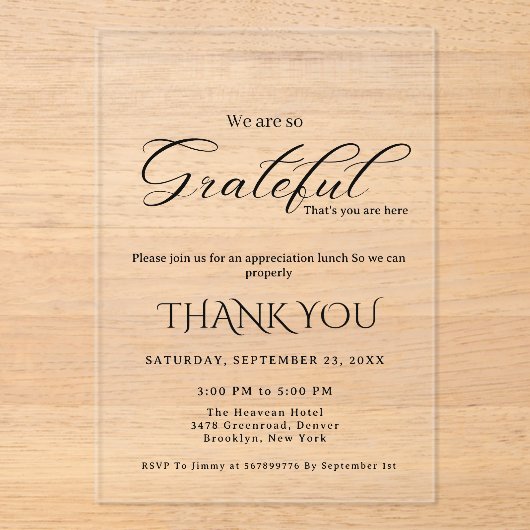 Modern script appreciatie feest, dankbaar feest acryl uitnodigingen (Voorkant)