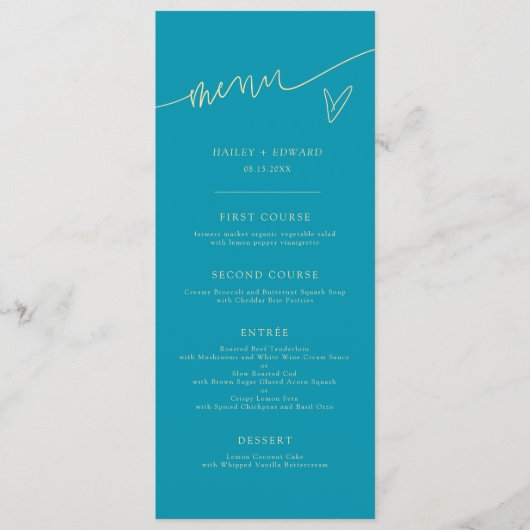 Modern Script Aqua Blauwe Trouwmenu Menu (Voorkant)